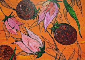 Blumen I, Acryl, Lack und Tusche auf Leinwand, 180 x 137 cm, 2020 3.500,00 EUR Marion Menzel, Flowers & Fish, Gemälde 1