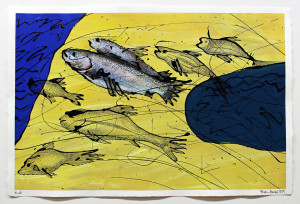Fisch Nr. 7, Acryl, Lack, Tusche auf Papier, 2019, 800,00 EUR inkl. Abstandsrahmen aus Naturholz Marion Menzel, Flowers & Fish, Gemälde 10