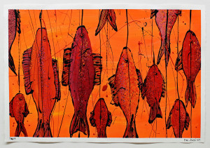 Fisch Nr. 8, Acryl, Lack, Tusche auf Papier, 2019, 800,00 EUR inkl. Abstandsrahmen aus Naturholz Marion Menzel, Flowers & Fish, Gemälde 11