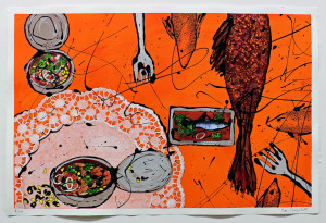 Fisch Nr. 2, Acryl, Lack, Tusche auf Papier, 2019, 800,00 EUR inkl. Abstandsrahmen aus Naturholz Marion Menzel, Flowers & Fish, Gemälde 5