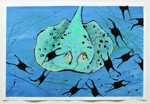 Fisch Nr. 3, Acryl, Lack, Tusche auf Papier, 2019, 800,00 EUR inkl. Abstandsrahmen aus Naturholz Marion Menzel, Flowers & Fish, Gemälde 6