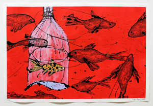 Fisch Nr. 4, Acryl, Lack, Tusche auf Papier, 2019, 800,00 EUR inkl. Abstandsrahmen aus Naturholz - verkauft - Marion Menzel, Flowers & Fish, Gemälde 7