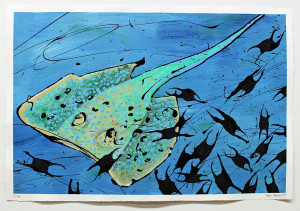 Fisch Nr. 5, Acryl, Lack, Tusche auf Papier, 2019, 800,00 EUR inkl. Abstandsrahmen aus Naturholz Marion Menzel, Flowers & Fish, Gemälde 8